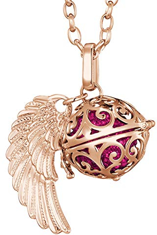 Morella Halskette Damen roségold Edelstahl 70 cm mit roségoldenem Anhänger Engelsflügel und Klangkugel Zirkonia pink Ø 16 mm in Schmuckbeutel