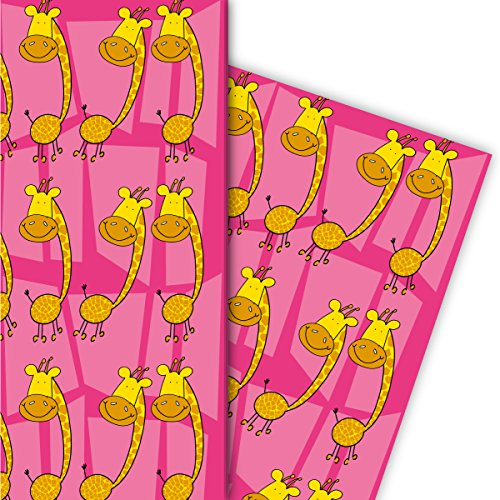 Lustiges Geschenkpapier Set (4 Bogen) | Dekorpapier mit Giraffen für tolle Geschenke und Überraschungen zur Taufe, Geburt, Ostern, Geburtstag, Hochzeit, Weihnachten 32 x 48cm, pink