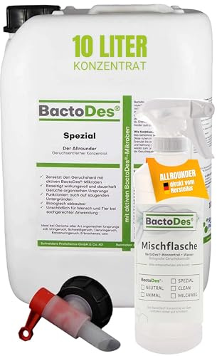 BactoDes Désodorisant Maison 10L Concentré avec Vaporisateur - Nettoyant Enzymatique Bio pour Élimination Efficace des Odeurs avec Action Microbienne