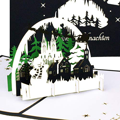 Weihnachtkarte „Winter Panorama mit Schneemann“ 3D Pop-Up Karte „Winterlandschaft – Frohe Weihnachten“ Blau