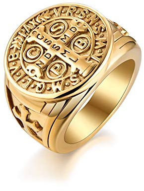 JewelryWe Schmuck Retro Herren-Ring Edelstahl Exorcism St Benedict Kreuz Ring Dämon Schutz Ghost Hunter CSBP katholischen Siegelring Bandring mit Gravur Gold Größe 70