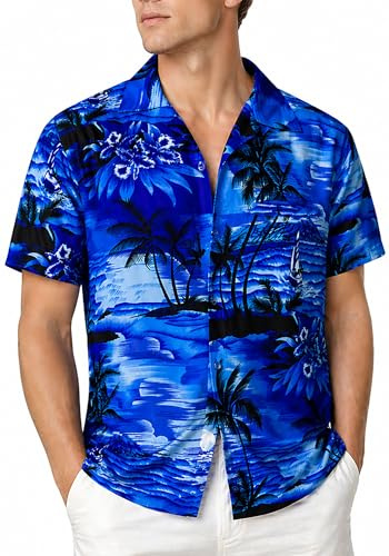 King Kameha Hawaiihemd Herren Kurzarm - Grünes Hawaii Hemd Männer Surfen - Hemd Herren Kurzarm Hawaii Outfit - Hawaiian Shirts for Men - Surf, Mono Blue, XXL
