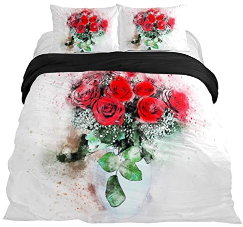 Eslifey Blumen Rosen Vase Bouquet Art 3-teiliges Bettwäscheset mit Reißverschluss, Queen-Size-Größe 221 x 221 cm