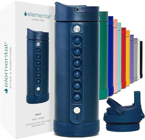 Elemental Iconic Pop Kids Water Bottles with Pop Strap - Triple Wall Leakproof Insulated Stainless Steel Water Bottle - Dishwasher Safe and BPA Free Water Bottle with Straw - Navy Blue - 414 ml