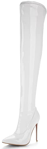 Bviennic Donna Moda Appuntito Tacco A Spillo Vernice Sopra Il Ginocchio Boots Eleganti Zip Sposa Thigh Stivali Equitazione Bianco Numero 35 Eu