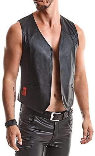 Regnes Fetish Planet Schwarze Herren Weste aus mattem dehnbarem Wetlook mit Zwei Taschen vorn und Riemen auf der Rückseite Slim Fit L