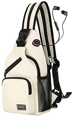 Brusttasche Rucksack Damen und Herren, Sling Bag, Klein Rucksack mit Kopfhörerloch, Crossbody Sling, Damen Casual Daypack mit Verstellbarem Schultergurt, für Outdoorsport, Reisen, Einkaufen (Weiß)
