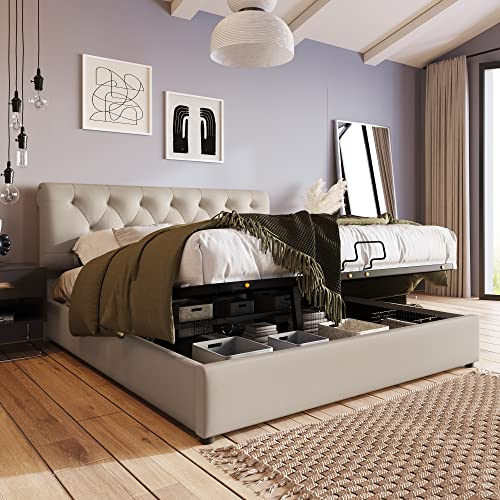 Doppelbett Polsterbett 160 x 200 cm Hydraulisches Funktionsbett Stauraumbett mit Verstellbares Kopfteil & Großer Stauraum Modernes Bettgestell mit Lattenrost aus Metallrahmen Natürlich, Ohne Matratze