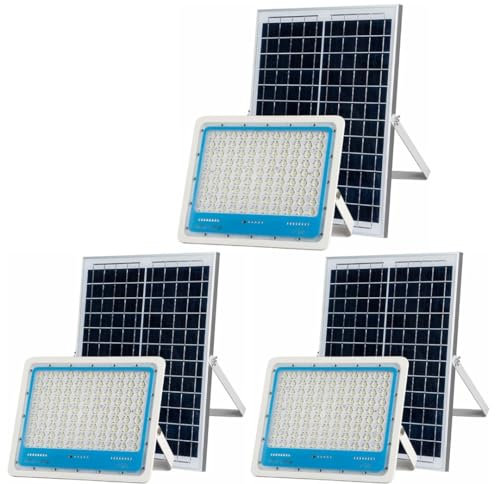 DE ROSA SHOP Faro Led Esterno con Pannello Solare, 3 Pezzi Faretto a Led da Giardino 1000w con Sensore Crepuscolare e Telecomando, Faretto Solare Impermeabile IP66.