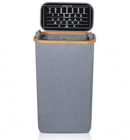 Nest Zest 60L Slim Laundry Basket with Lid, Washing Basket for Laundry, Hamper style Linen Bin with Care Guide & Removable Inner Bag, Dirty Clothes Bin with Sturdy Bamboo Rim and Oxford Fabric (Grey)