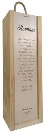 Deliex. Regalo para hermanos con el mensaje que quieras, caja de madera personalizada para botellas, regalo original de cumpleaños… (1 botella)