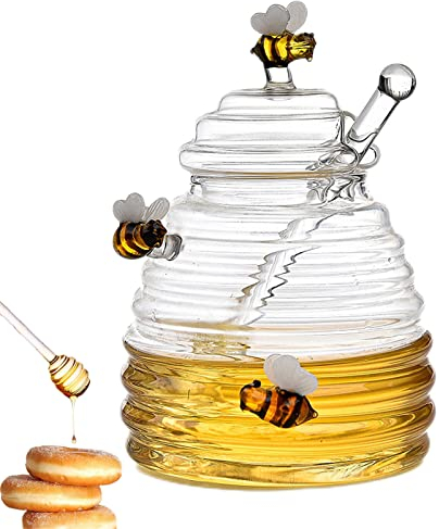 Kaxenig Pot à Miel en Verre avec Cuillère Et Couvercle, Distributeur De Sirop Transparent pour Le Stockage Et La Distribution