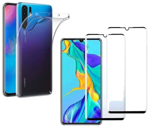 HQ-CLOUD® Coque pour Huawei P30 Pro Transparente Silicone en Gel TPU Souple + 2 Verre trempé Film Protection écran Incurvé couverture complète bord noir- Anti Rayures - Ultra Résistant Dureté 9H