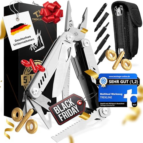 TREKLINE Premium Multitool Werkzeug [rostfreier Edelstahl] Survival Multifunktionsmesser perfektes Camping Zubehör, Multifunktionswerkzeug [28 Funktionen] Taschenmesser, Geschütztes Design