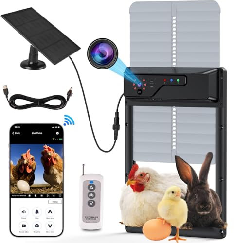 Porte Poulailler Automatique Solaire avec Caméra HD 1080p, Programmable, WiFi, Anti-Pincement, Vision Nocturne, Détection de Prédateurs, Batterie 5000mAh, Résistante aux Intempéries iP65