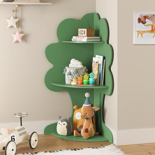 LUE BONA Kinderregal,Bücherregal für Kinder,Eckbuchregal,Kinderbuchregal,3 Fächer Design,Geeignet für Kleinkinder und Grundschüler,Dunkelgrün