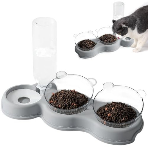 Cat Food Bowls, 3-In-1 Cats Food and Water Bowl Set Cat Feeding Bowls with Stand Tilted 15° Double Cats Bowl with Cat Water Dispenser Pet Bowl for Small Medium Dogs (Gray)