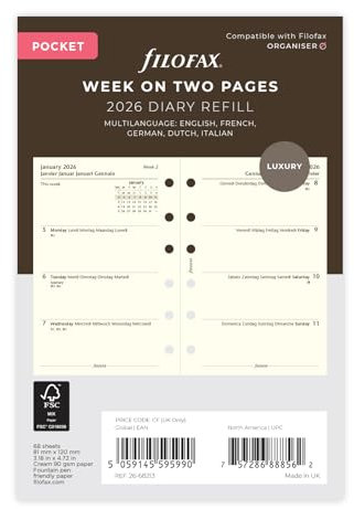 Filofax Taschenkalender 26-68213, Woche auf zwei Baumwollcreme, 5-sprachig, 2026