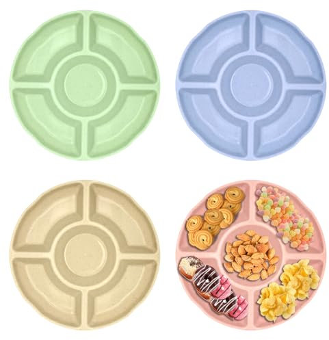 Tyanlenr 4 PCS Rotondo Piatti Snack con 5 Scomparti, Vassoio per Snack con Scomparti, Piatto da Dessert Piatto di Frutta Colorati, Piatti Plastica Riutilizzabile per Noci, Caramelle, Dessert