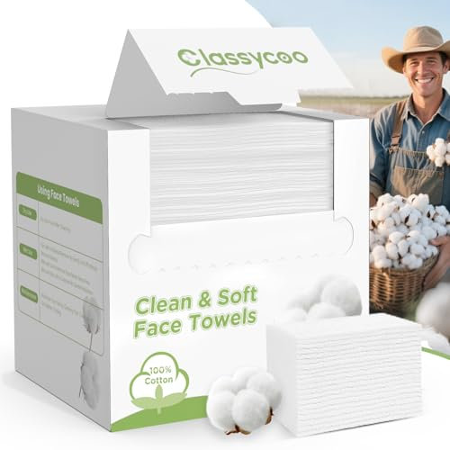 Classycoo XL Disposable Face Towel, 100% USA Organic-Cotton Ultra-Soft for Sensitive-Skin Facial Wipes Cleansing Towels, Odor-Free, Makeup Remover Cloths for Travel, Home Hand Dry Wipe(50 Count)