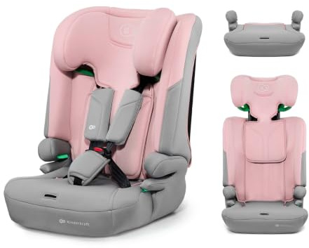 Kinderkraft I-COMFY, Silla de coche, Para niños, Ajustable (76-150 cm), Respaldo ajustable, Cinturón de seguridad de 5 puntos, SISTEMA EASY GROW, Fácil instalación, Rosa