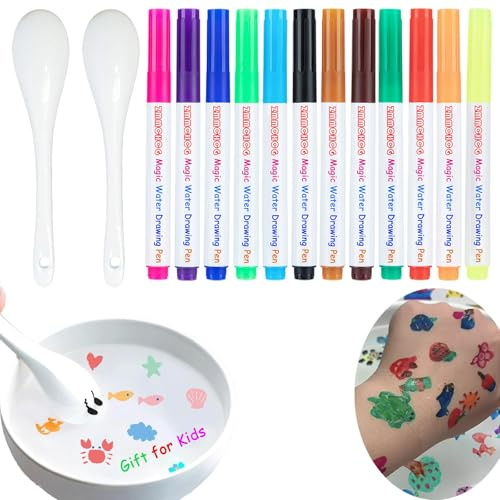 12 Stück Magische Wassermalerei Stifte für Schwimmende Zeichnungen mit 2 Löffel, Kiddies Create Magische Stifte - im Wasser Malen, Water Art Magische Wasser-marker Für Kinder Doodle Dip Aqua Tattoo
