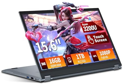 KeeUiU 2 in 1 Touchscreen 15,6 Pollici PC Portatile Ryzen R3-3200U (fino a 3,5 GHz) Notebook 16GB RAM 1TB SSD 360° Rotation Touchscreen FHD IPS Win 11 Laptop Tastiera Retroilluminata RJ45 WIFI5 HDMI