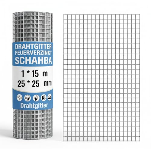 Schahba Drahtgitter 1m x 15m (Maschenweite 25 x 25mm) – Verzinktes Drahtgitter – Rostbeständiger, robuster Maschendrahtzaun für Gartenschutz, Gehegebau, Hühner & Kleintiere