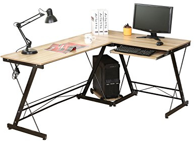 HLC Escritorio de Esquina, Mesa de Ordenador en Forma L, Escritorio de Oficiana, Mesa de Estudio, con Bandejas de CPU y Teclado, MDF+Acero, 161 * 120 * 73 cm Amarillo