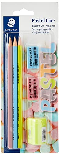 STAEDTLER Bleistift-Set Pastel Line (Sechskantform, lackiert in Pastellfarben, Härtegrad HB, Set mit 3 Bleistiften, Radierer und Spitzer, Blisterkarte, 13043SBKP1ST)