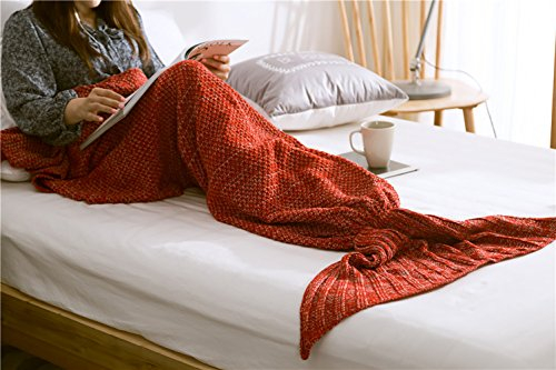 Naturer Meerjungfrauendecke Mermaid Schwanz Blanket Meerjungfrau Häkeln Decke Sofa Schlafdecke Strick Mermaid Schwanz Schlafsack für Erwachsene oder Kinder Size 70 * 140, Rot