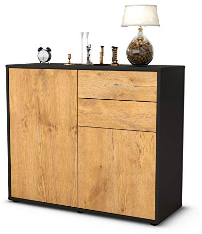 Stil.Zeit Sideboard Chantal, Korpus anthrazit matt, Front Holz-Design Eiche (92x79x35cm) Push-to-Open Technik & Leichtlaufschienen