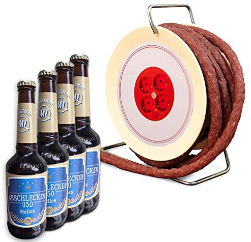 Snackwurst Wursttrommel Bierset, 3,5m lange, scharfe Snackwurst (240g) & 4 Flaschen Bier Arschlecken 350 á 0,33l