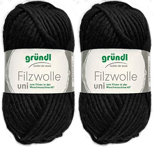 2x50 Gramm Gründl Filzwolle inkl. Anleitung für Topflappen (Uni Farben, 03 Schwarz)