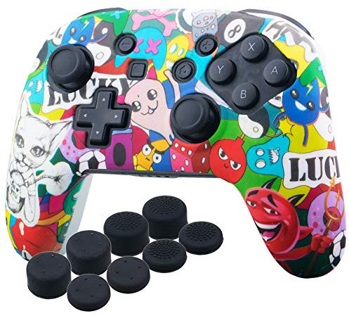 YoRHa Studded Transfer Pringt Silicone Cover Skin Case Only for OFFICIAL Switch Pro Controller x 1(Grimace) With Pro Thumb Grips x 8
