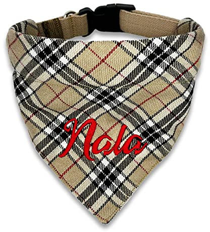 Hundehalstuch mit Halsband Verstellbar optional mit Wunsch Namen bestickt Schotten Karo Beige Halstuch Tuch