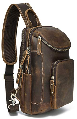 LANNSYNE Herren Tasche Vintage Echtleder Sling Rucksack Brusttasche Umhängetasche Schultertasche für 10.5 iPad