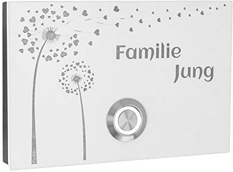 Jung Edelstahl Design Aufputz Türklingel weiß London3AG Motiv Pusteblume Haustürklingel weiß RAL 7016 pulverbeschichtet. Klingelschild 12x8 cm. Klingeltaster mit verschiedenen LED Farben.