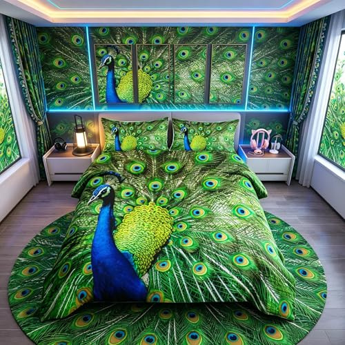Loussiesd Peacock Duvet Cover Super King Bedding &Linen Green Cute Animal Bedding Set Peacock Feather Decor Comforter Cover Set with Zipper Ties Women Soft Bed Cover,1 Duvet Cover with 2 Pillow Cases