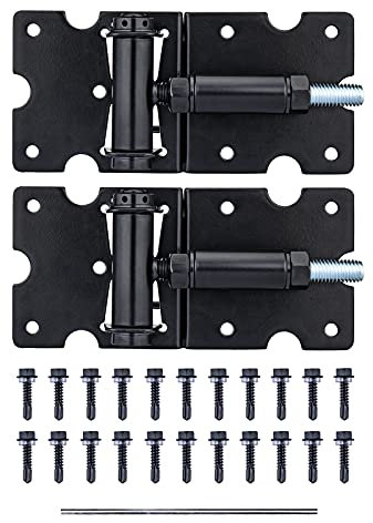 Bordersmover Lot de 2 charnières de portail à fermeture automatique, très résistantes pour clôture en vinyle, bois, métal, avec vis taraudeuses et outil de réglage