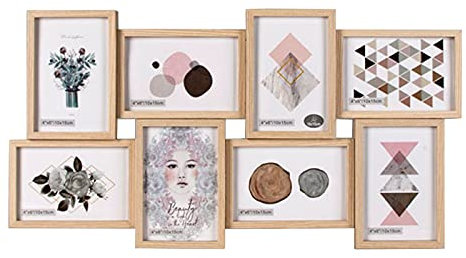 Acan Multimarco múltiple de papel pintado, imitación madera, 8 fotos, color beige, portafotos con 8 marcos de 15 x 15 cm cada uno, 59 x 31 x 3 cm