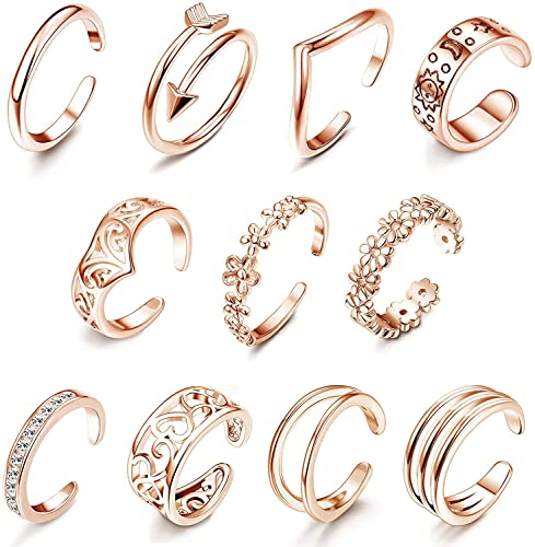 Adramata 11 Stück verstellbare Zehenringe für Frauen 14 Karat vergoldet einfache offene Pfeil Blume Herz Fußschmuck Zehenringe Set
