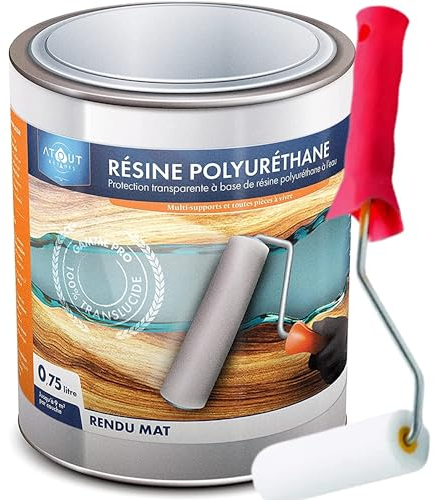 Résine polyuréthane MAT 750 ML mono- composant, incolore, vernis, vitrificateur, protection polyvalente, multi-usages et son rouleau adapté à la bonne application de la résine. 750 ML Mat