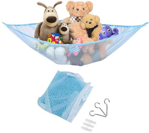 Teddy Hammock, Large Stuffed Toys Organizer Rip-Resistant Toys Teddy Storage Mesh Net with Anchors and Screw Hooks - Toy Hammock for Stuffed Animals, Basket Ball, Football etc. (Blue)