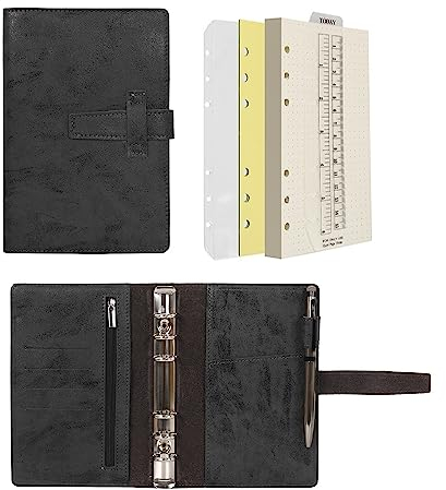 Wonderpool A6 Leder Ringbuch Tagebuch Notizbuch Organizer Ordner - Nachfüllbar Gepunktetes Papier und Multi Taschen für Business Studium Reisen (A6, Schwarz)