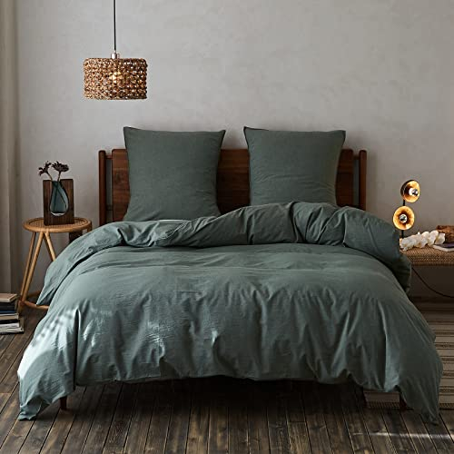 Simple&Opulence Bettwäsche 3 Teilig-100% Gewaschene Baumwolle Weiche und Angenehme Schlafkomfort-ÖkoTex Zertifiziert Bettbezug & 2 Kissenbezügen(200x200cm, 2x80x80cm, Grün)