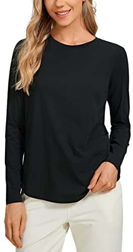 CRZ YOGA Pima Cotton Crewneck Top | Workout, Naturally Soft, Classic Fit, Hip Length, Curved Hem, Long Sleeve Shirts for Women