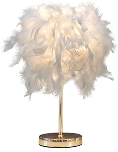 DUNMW Mini Lampe de Chevet en Plumes Blanches avec Base Dorée - Veilleuse Décorative pour Chambre à Coucher, Salon
