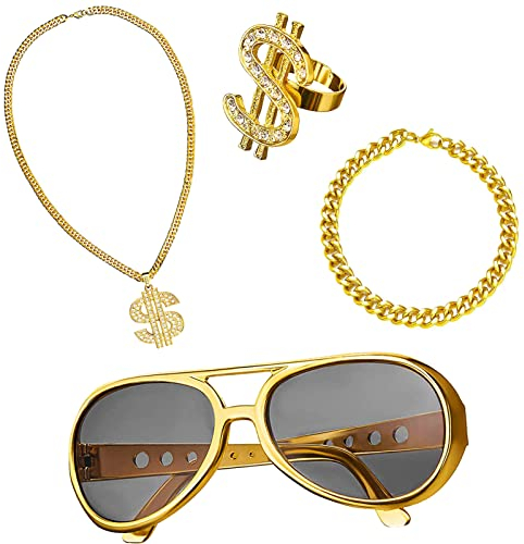 YQBFB 80er Accessoires Outfit Herren für Karneval, 4 Stück Dollar Kette set, Rapper Accessoires, 70er,80er,90er Cooler Look für Fasching (Gold)