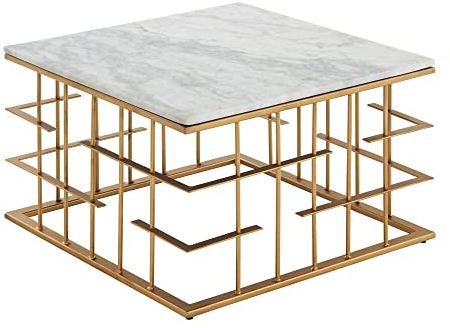 KADIMA DESIGN Marmor Sofatisch Weiß Gold 55x55x35 cm | Quadratischer Couchtisch aus echtem Marmor | Moderner Kaffeetisch mit Metallgestell | Eckiger Beistelltisch fürs Wohnzimmer